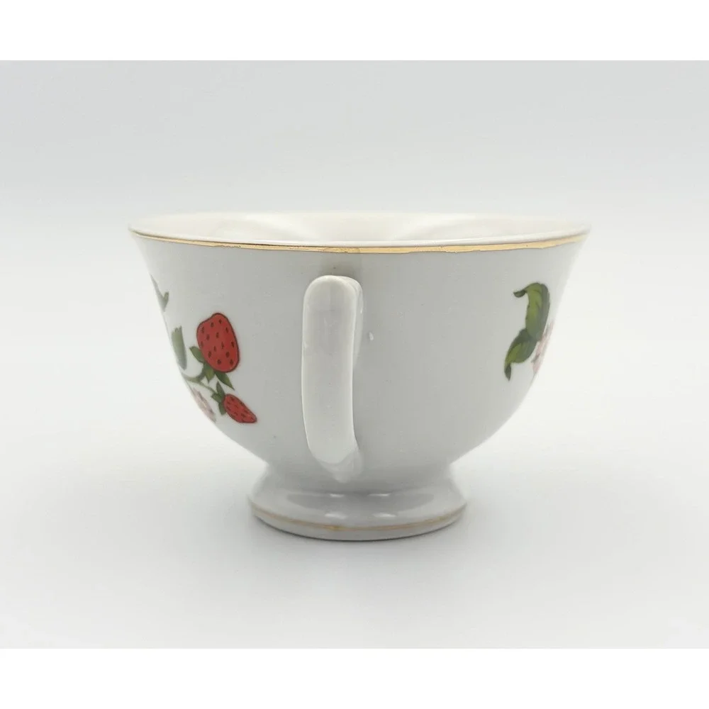 Vintage Teleflora Strawberry Vine Tea Cup and Saucer Set Gold Rim Cottagecore